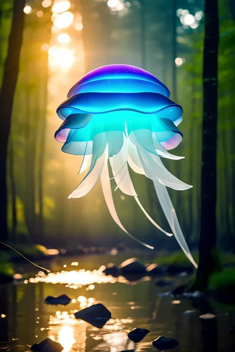 master piece,high quality,Luminous jellyfish,in the forest,at night,white and rainbow light,J_origami,<lora:J_origami:0.8>,