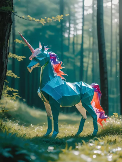 master piece,high quality,unicorn,in the forest,at night,blue and rainbow light,<lora:J_origamiæçº¸ä¸ç:0.8>,J_origami,<lora:RichColor_v5.0丰å¯è²å½©:0.7>,