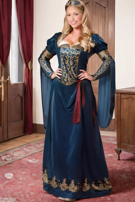 (masterpiece, best quality:1.2), ultra-detailed, medieval castle room, full body photo EdobMWC costume75 a Woman, (realistic:1.5), <lora:EdobMedievalWomanCostume_v1.0:1>