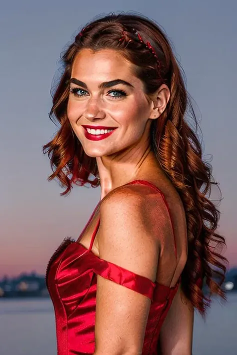 EdobMWC costume beautiful smiling woman posing, a red dress and weil photo referenced, highest quality, high quality, (detailed face and eyes), dusk lighting, strong makeup, industrial, outdoor background <lora:EdobMedievalWomanCostume_v1.0:1>