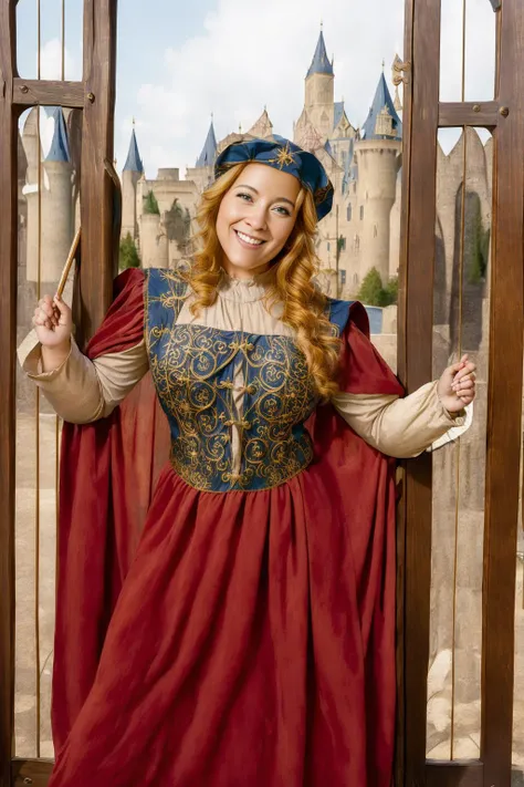 (masterpiece, best quality:1.2), ultra-detailed, (medieval outside castle gate:1.5), portrait EdobMWC red costume a beautiful smiling woman posing, (realistic:1.5), <lora:EdobMedievalWomanCostume_v1.0:0.8>