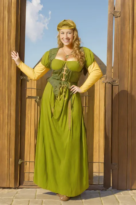 (masterpiece, best quality:1.2), ultra-detailed, (medieval outside castle gate:1.5), portrait EdobMWC yellow and green costume a beautiful smiling woman posing, (realistic:1.5), <lora:EdobMedievalWomanCostume_v1.0:0.8>