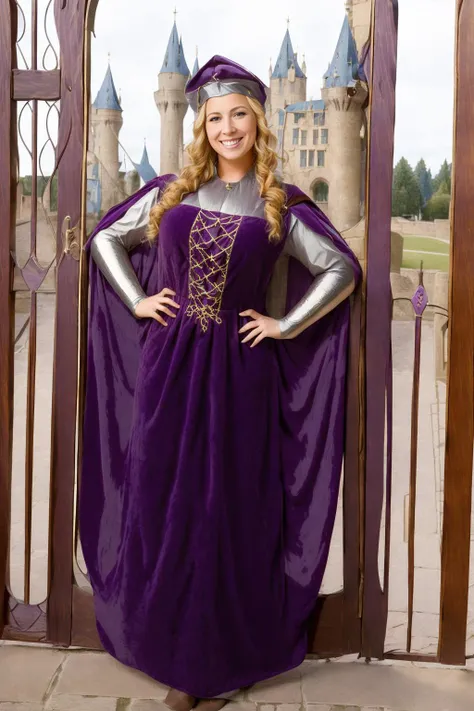 (masterpiece, best quality:1.2), ultra-detailed, (medieval outside castle gate:1.5), portrait EdobMWC purple costume a beautiful smiling woman posing, (realistic:1.5), <lora:EdobMedievalWomanCostume_v1.0:0.8>