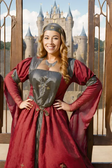(masterpiece, best quality:1.2), ultra-detailed, (medieval outside castle gate:1.5), portrait EdobMWC red and black costume a beautiful smiling woman posing, (realistic:1.5), <lora:EdobMedievalWomanCostume_v1.0:0.8>