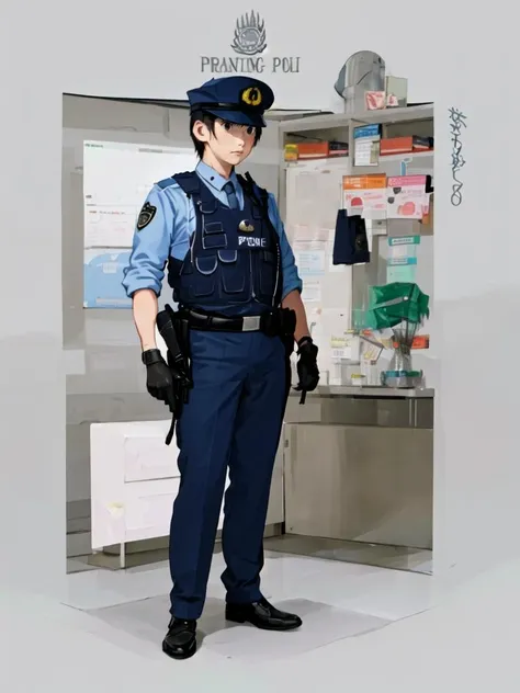 1man, standing, full body,street, <lora:jp-police:1.0>jp-police,police uniform, illustration,