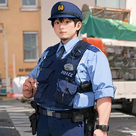 1 plump man, office,standing, cowboy shot,  illustration,flat color, simple background, bokeh,<lora:jp-police:1.0>jp-police,police uniform,