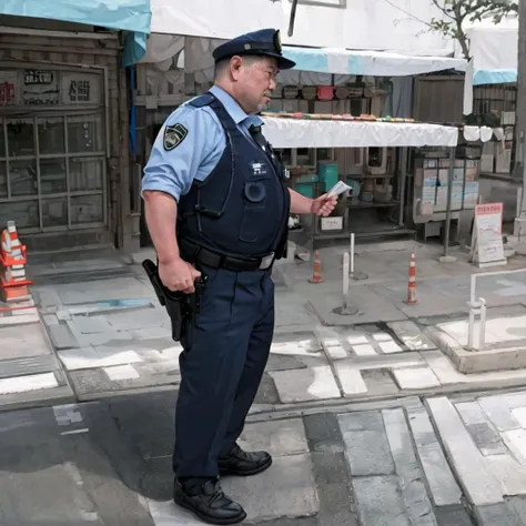 1 fat older man, standing, full body,street, <lora:jp-police:1.0>jp-police,police uniform, illustration,flat color,