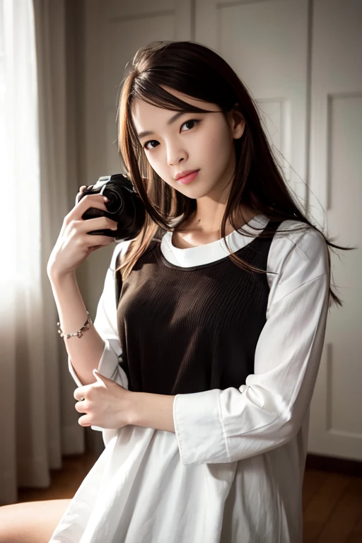 photography 400 ISO film grain 30mm lens RAW aperture f1.8, sharp face, masterpiece, best quality, highres, (Soft Lighting), professional model photo, (looking at viewer:1.5), front photo, a HongKong girl, (looking at viewer:1.5), slim,beautiful details, (brown hair), white socks, sneakers, ((in gym room)), <lora:HKGirlv1:0.7>, (ulzzang-6500-v1.1:0.3), (close up), smile, selfie