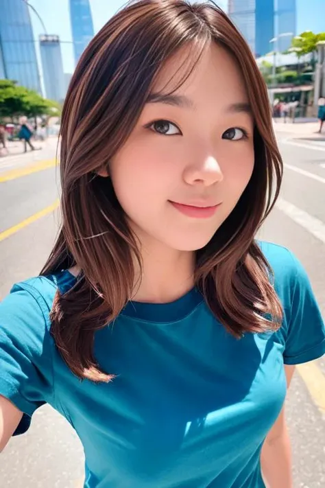photography 400 ISO film grain 30mm lens RAW aperture f1.8, sharp face, masterpiece, best quality, highres, Soft Lighting, professional model photo, ((medium close up shot:1.5)), ((looking at viewer:1.5)), front photo, a HongKong girl, (looking at viewer:1.5), slim, (Micromastia:1.5), ((azure chiffon tee:1.2)), beautiful details, (brown hair:1.5), white socks, sneakers, (dynamic pose:1.2), sun flare, ((Hong Kong city)), <lora:HKGirlv1:0.6>