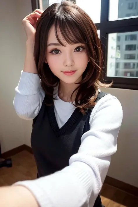 photography 400 ISO film grain 30mm lens RAW aperture f1.8, sharp face, masterpiece, best quality, highres, (Soft Lighting), professional model photo, (looking at viewer:1.5), front photo, a HongKong girl, (looking at viewer:1.5), slim,beautiful details, (brown hair), white socks, sneakers, ((in gym room)), <lora:HKGirlv1:0.7>,  (ulzzang-6500-v1.1:0.3), (close up), smile, selfie
