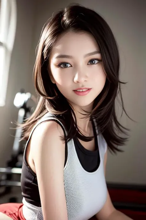photography 400 ISO film grain 30mm lens RAW aperture f1.8, sharp face, masterpiece, best quality, highres, (Soft Lighting), professional model photo, (looking at viewer:1.5), front photo, a HongKong girl, (looking at viewer:1.5), slim,beautiful details, (brown hair), white socks, sneakers, ((in gym room)), <lora:HKGirlv1:0.7>,  (ulzzang-6500-v1.1:0.3), (close up), smile, selfie