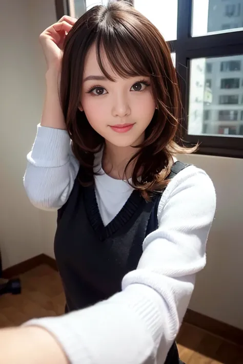 photography 400 ISO film grain 30mm lens RAW aperture f1.8, sharp face, masterpiece, best quality, highres, (Soft Lighting), professional model photo, (looking at viewer:1.5), front photo, a HongKong girl, (looking at viewer:1.5), slim,beautiful details, (brown hair), white socks, sneakers, ((in gym room)), <lora:HKGirlv1:0.7>,  (ulzzang-6500-v1.1:0.3), (close up), smile, selfie