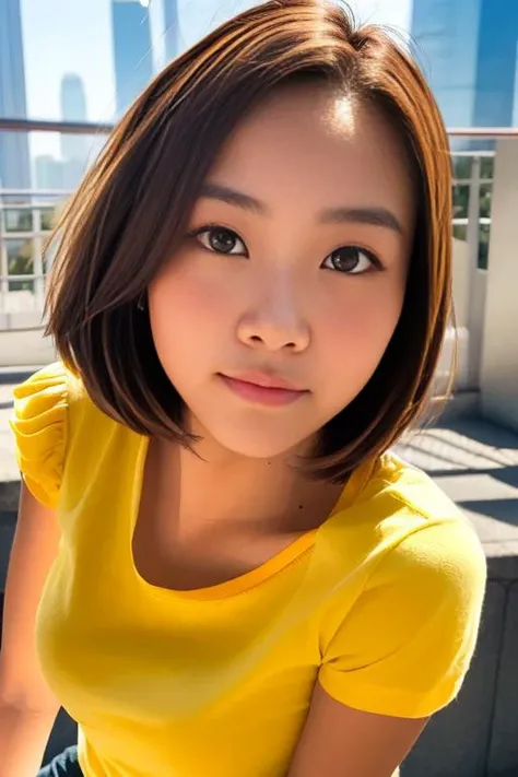 photography 400 ISO film grain 30mm lens RAW aperture f1.8, sharp face, masterpiece, best quality, highres, Soft Lighting, professional model photo, ((medium close up shot:1.5)), ((looking at viewer:1.5)), front photo, a HongKong girl, extremely detailed face and eyes, (looking at viewer:1.5), slim, (Micromastia:1.5), ((short puff sleeve plain yellow Tee:1.2)), beautiful details, (brown hair:1.5), white socks, sneakers, (dynamic pose:1.2), sun flare, ((Hong Kong city)), <lora:HKGirlv1:0.6>