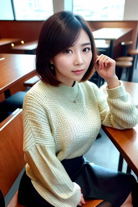 sharp face, masterpiece, best quality, high res, (wide shot:1.2), a Hong Kong woman, (light makeup), (dynamic pose:1.2), cotton sweater, (skirt:1.3), (sitting in cafe), black hair, <lora:HKGirlv2:0.6>, looking at viewer, looking back,