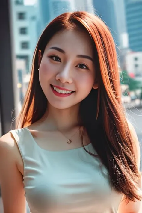 photography 400 ISO film grain 30mm lens RAW aperture f1.8, sharp face, masterpiece, best quality, high res, Soft Lighting, professional portrait photo, (wide shot), front photo, a Hong Kong girl, smile, pale skin, (dynamic pose:1.2), (city line), <lora:HKGirlv2:0.8>