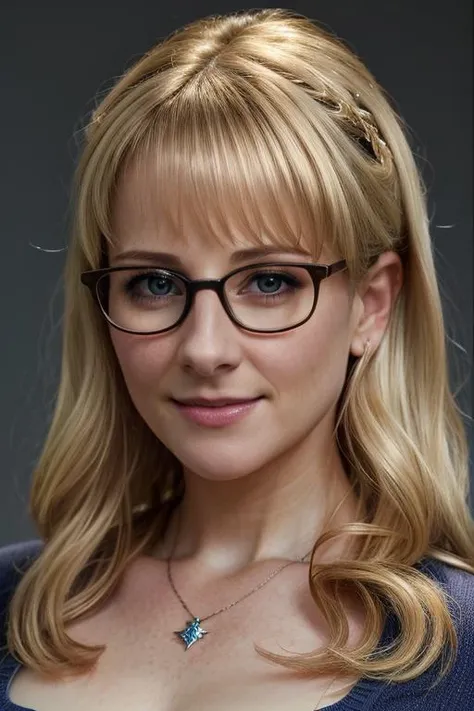 real, atmospheric scene, masterpiece, best quality, (detailed face, detail skin texture, ultra-detailed body),(cinematic light),
<lora:Bernadette_MelissaRauch_smf_lora_v1-000004:0.9>, 1girl, b3r2e6d3t7e-smf, solo, blonde hair, jewelry, necklace, glasses, smile, long hair, blue eyes, upper body, shirt, realistic, black-framed eyewear, lips