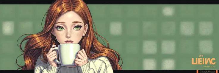 ASTRLGRV, a woman with ginger hair, 1girl, sublime hair, ginger hair, long flowing hair, (bttrfrckl:1.2), freckles, earrings, a woman, wearing a oversize sweater, sweater, sweatpants, sunglass, halftone, halftone background, geometric patterns, jewelry, long hair, long sleeves, puffy sleeves, solo, transparent, upper body, ivy, squares pattern, winter vibes, chill times, warm place, hot chocolate, a mug, marshmallow, green tones, red ornament, in love, horny, in a field, at a farm, comic book, breaking the 4th wall, retro style, Synthwave, cartoon, gradient colors, retro style, vintage, pop art, digital tools <lora:more_details:1> <lyco:GoodHands-beta2:1.0>