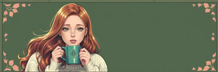 ASTRLGRV, a woman with ginger hair, 1girl, sublime hair, ginger hair, long flowing hair, (bttrfrckl:1.2), freckles, earrings, a woman, wearing a oversize sweater, sweater, sweatpants, sunglass, halftone, halftone background, geometric patterns, jewelry, long hair, long sleeves, puffy sleeves, solo, transparent, upper body, ivy, squares pattern, winter vibes, chill times, warm place, hot chocolate, a mug, marshmallow, green tones, red ornament, in love, horny, in a field, at a farm, comic book, breaking the 4th wall, retro style, Synthwave, cartoon, gradient colors, retro style, vintage, pop art, digital tools <lora:more_details:1> <lyco:GoodHands-beta2:1.0>