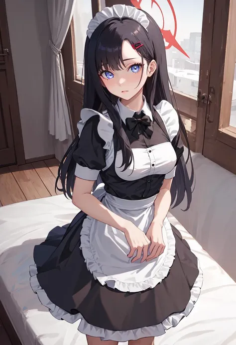 A woman with big ，Beauty，Black long hair，Bow，Fully transparent，(Maid uniform:Sailor Suit|1.2)，(Lace)，Headband，weak，Sexy，Color，lactation，blush，Bright Light，ahegao，On the bed，