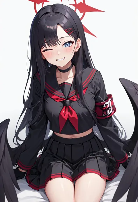 best quality, masterpiece, highres, solo, (ichika_bluearchive:1.10), 1girl, black sailor collar, black serafuku, black skirt, long sleeves, looking at viewer, red neckerchief, black choker, black gloves, pleated skirt, simple background, white background, grey eyes, blush, red armband, closed mouth, grin, one eye closed, 1 <lora:ichika_bluearchive:0.80>
