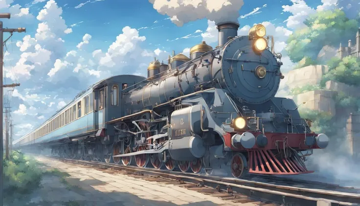 (masterpiece, best quality, detailed, anime, 2d, aesthetic:1.5), train, locomotive, rail, fantasy, scenery, beautiful sky