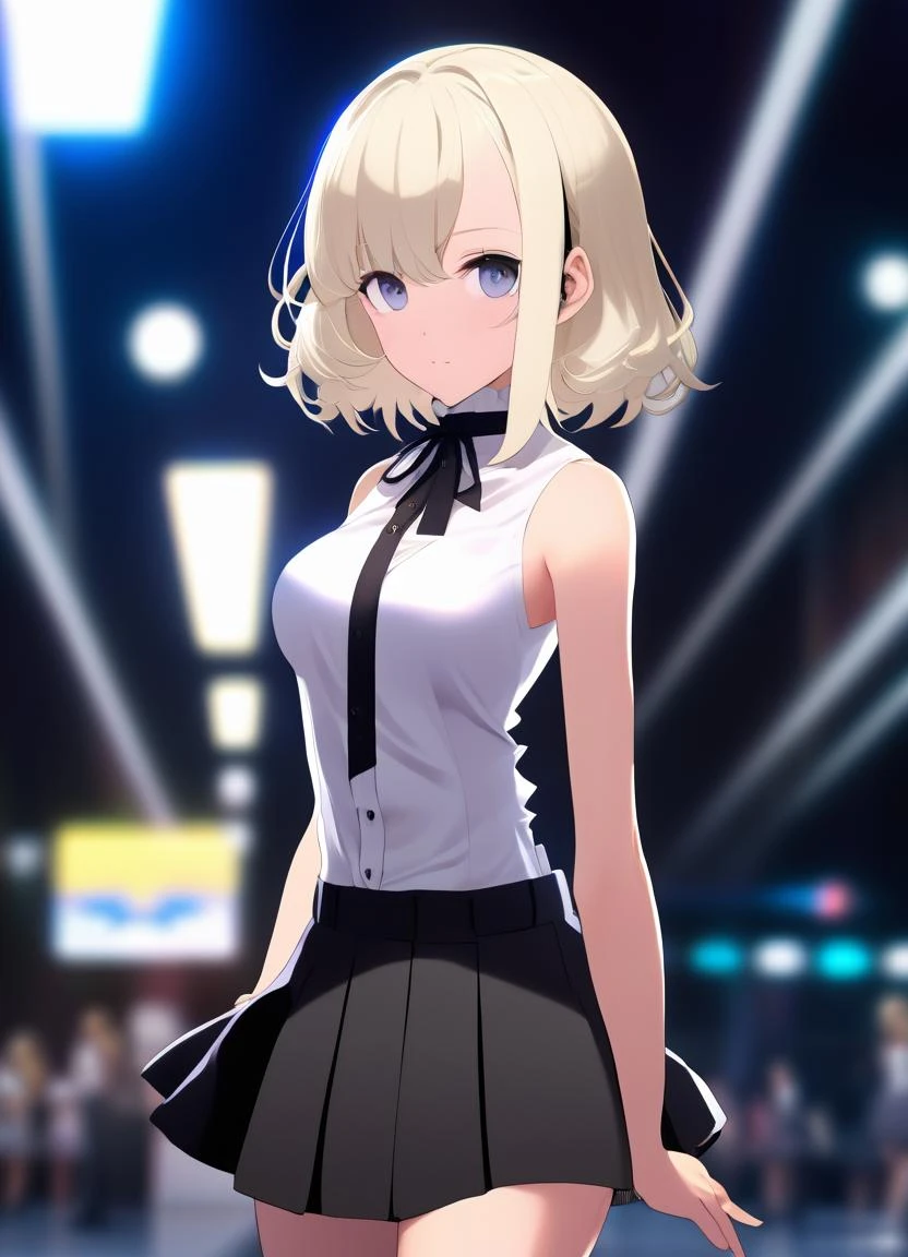 best quality, ultra high res, anime, waifu, 2d, 1girl, sleeveless white button shirt, black skirt, black choker, cute, (Kpop idol), (platinum blonde hair:1), ((puffy eyes)), looking at viewer, full body, facing front