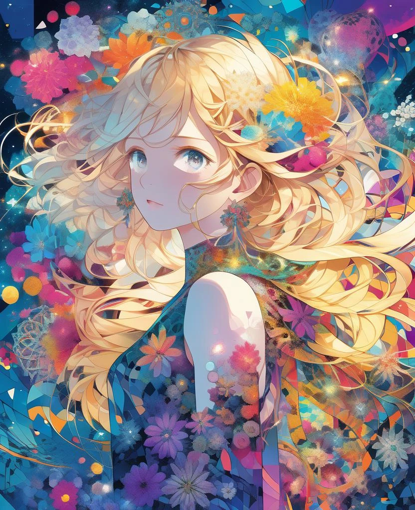 (best quality, masterpiece, official art, beautiful and aesthetic:1.2), 1girl, 2d, anime, waifu, blonde, (hair ornaments, earrings), full body, dynamic pose, looking at viewer, particle, wind, flower, intricate background, extremely detailed, (fractal art:1.2), colorful, (zentangle:1.2), (abstract background:1.5), (many colors:1.4), pixelated fragments, data corruption, colorful noise, visual chaos, contemporary aesthetics,