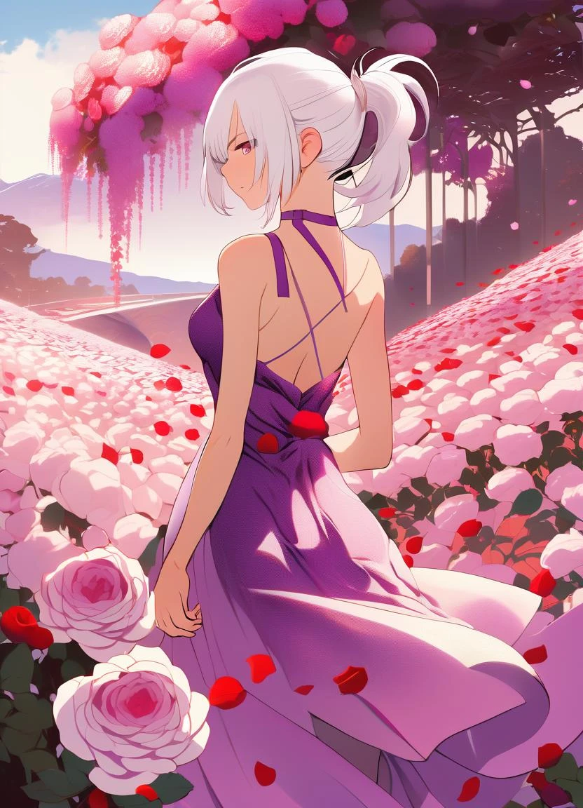 1girl, ponytail ,white hair, purple eyes, (dress:1.3), medium breasts, collarbone, flowers and petals, (illustration:1.1), (perfect details:1.1), landscape, background, rose, abstract, anime, 2d