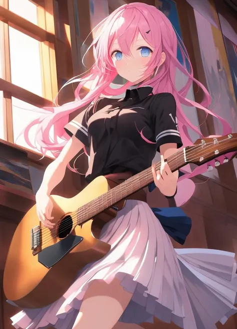 ((masterpiece,best quality, anime, waifu, 2d, aesthetic)),1girl, solo, black shirt, white skirt, blue eyes, long pink hair, playing guitar, pleated skirt, indoors