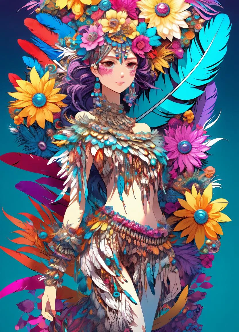 (masterpiece, top quality, best quality, official art, beautiful and aesthetic:1.2), (1girl), extremely detailed,(fractal art:1.1),(colorful:1.1)(flowers:1.3),highest detailed,(zentangle:1.2), (full body:1.5), standing, (abstract background:1.3), (shiny skin), (many colors:1.4), ,(earrings), (feathers:1.5), 2d, waifu, anime