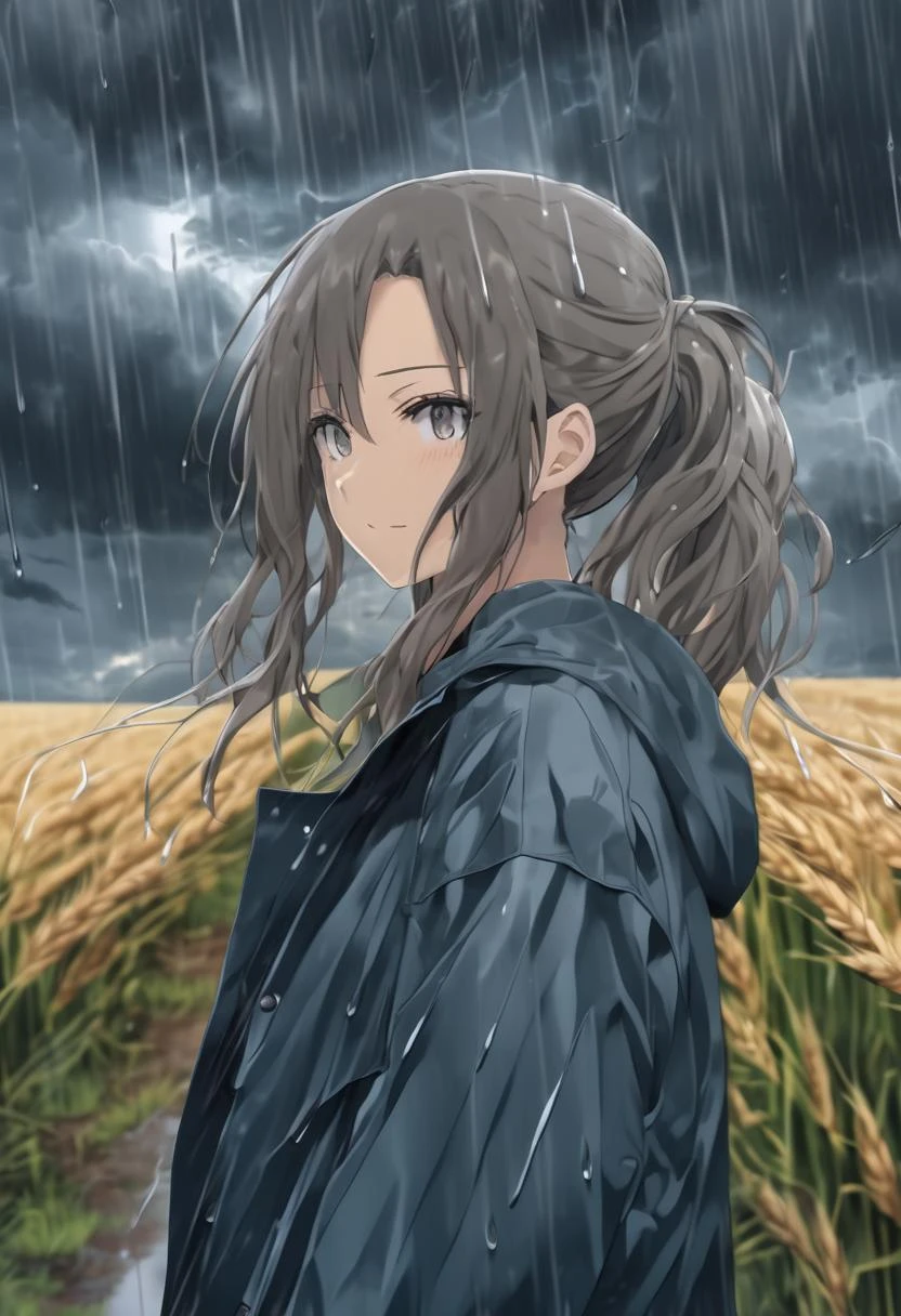 (2d, anime, waifu:1.5), (best quality, masterpiece, official art, beautiful and aesthetic, extremely detailed:1.2), (rain, rainstorm, heavy rain:1.1)
ADDCOMM
(cloudy_sky, dark_clouds, grey_sky, overcast, thunderstorm, lightning:1.3)
ADDROW
1girl, (yellow_eyes, brown_hair, long_hair, ponytail, smile, detailed face, nose, lips, hood_up:1.3), (close-up, looking_at_viewer, eye_focus:1.3), (cloudy_sky, dark_clouds, grey_sky, overcast:1.3)
ADDROW
1girl, (close-up, cropped_torso, raincoat, hood_up:1.3), (countryside, wheat_field, field:0.8), (road, puddle:1.3)