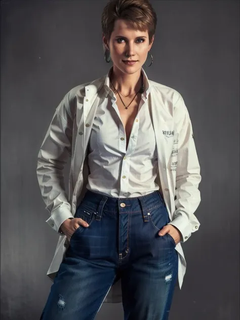 Dguilbert, a woman, full body, button down shirt, jeans, detailed eyes, photography, trending on artstation, sharp focus, studio photo, intricate details, highly detailed, by greg rutkowski <lora:Dguilbert:0.7>