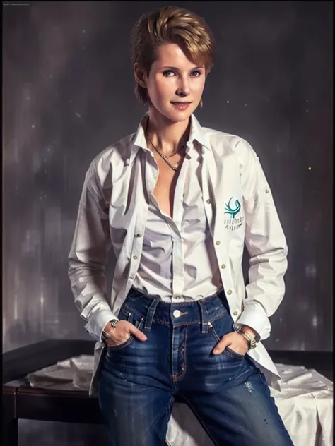 Dguilbert, a woman, full body, button down shirt, jeans, detailed eyes, photography, trending on artstation, sharp focus, studio photo, intricate details, highly detailed, by greg rutkowski <lora:Dguilbert:0.8>