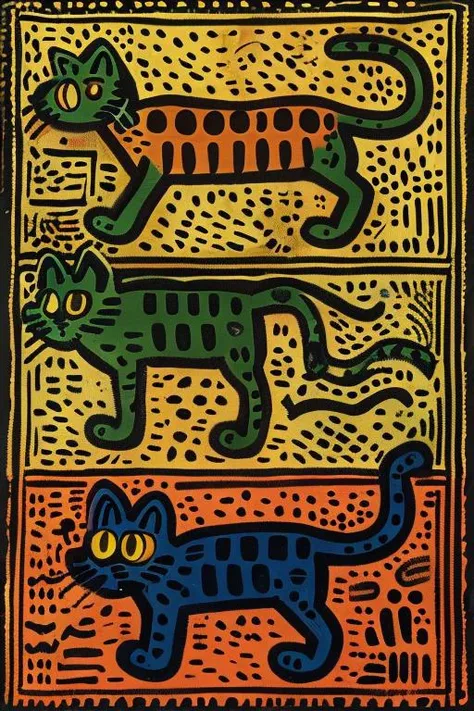 masterpiece,best quality,<lora:tbh164-:1>,illustration,style of Keith Haring, cute Mainecoon cat and Abyssinian cat