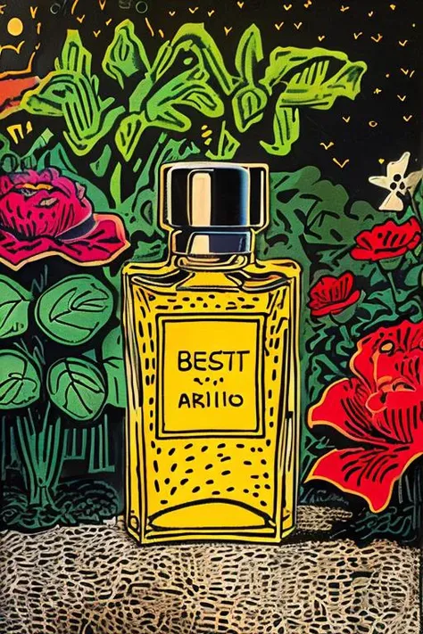masterpiece,best quality,<lora:tbh164-:1>,illustration,style of Keith Haring, A bottle of perfume in garden