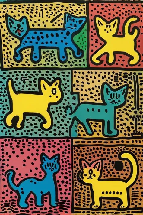 masterpiece,best quality,<lora:tbh164-:1>,illustration,style of Keith Haring, cute Mainecoon cat and Abyssinian cat