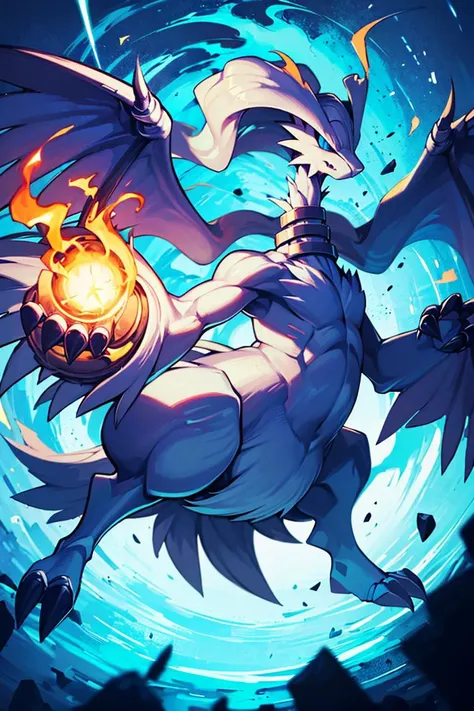 ((masterpiece,best quality)), absurdres,
<lora:Bold_CAT:0.4>,
<lora:Reshiram_Pokemon:0.8>, Reshiram,
<lora:Aura_v1:0.4>, Aura, energy, glowing,swirling energy,
blue eyes, blue fire, claws, fire, from below, grey background, no humans, simple background, glowing eyes,