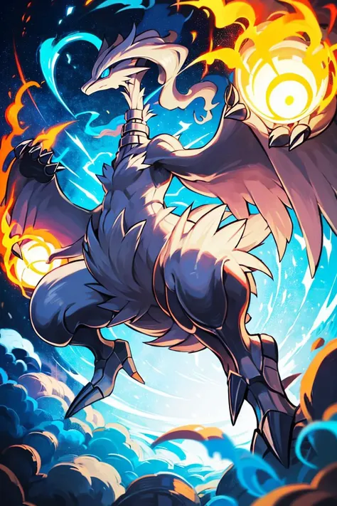 ((masterpiece,best quality)), absurdres,
<lora:Sugimori_Ken_Style_v3:0.5>,
<lora:Reshiram_Pokemon:0.8>, Reshiram,
<lora:Aura_v1:0.4>, Aura, energy, glowing,swirling energy,
blue eyes, blue fire, claws, fire, from below, grey background, no humans, simple background, glowing eyes, bokeh