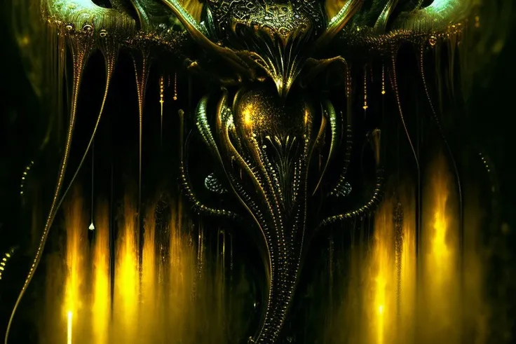 FlonixMatyukhinft, oil painting, extreme depth of field, art of a trophy on the wall of an alien skinny substance muzzle, abomination, screaming, molten skin, metal intricate details, glitters, soft contrast, gloomy cold look, steampunk, unusual glow from behind religious, oil, hq, ray tracing, cinematic, highly detailed, sharp focus, studio photo, octane render, unreal engine 5, delightful patterns, oil dripping flowers, wind, air, coolness, by Caravaggio Michelangelo Merisi, by Greg Rutkowski, by Michelangelo, by Alphonse Mucha