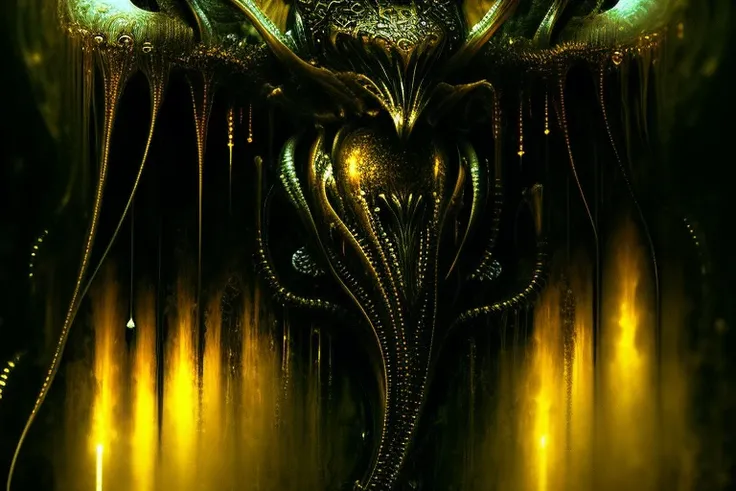 FlonixMatyukhinft, oil painting, extreme depth of field, art of a trophy on the wall of an alien skinny substance muzzle, abomination, screaming, molten skin, metal intricate details, glitters, soft contrast, gloomy cold look, steampunk, unusual glow from behind religious, oil, hq, ray tracing, cinematic, highly detailed, sharp focus, studio photo, octane render, unreal engine 5, delightful patterns, oil dripping flowers, wind, air, coolness, by Caravaggio Michelangelo Merisi, by Greg Rutkowski, by Michelangelo, by Alphonse Mucha