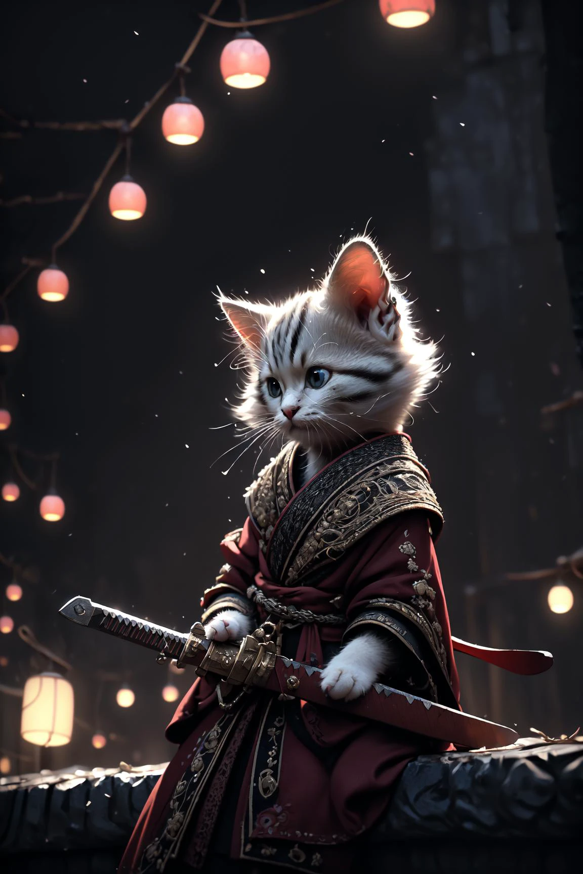 Best quality, masterpiece, ultra high res, raw photo, beautiful and aesthetic,deep shadow, dark theme,(photorealistic:1.4), ((soft lighting, dim light, dark scene, night):1.4)
White kitten, Hanfu, holding sword, cyberpunk city, neon lights,
Graceful poise, evocative atmosphere, magnetic presence, refined seduction, captivating mystique,
Intricate zentangle patterns, a single female figure, astonishing level of detail, generously endowed, striking perspective, a chaotic masterpiece, gracefully poised, vibrant color palette, ((outdoors)), inspired by futurist architecture