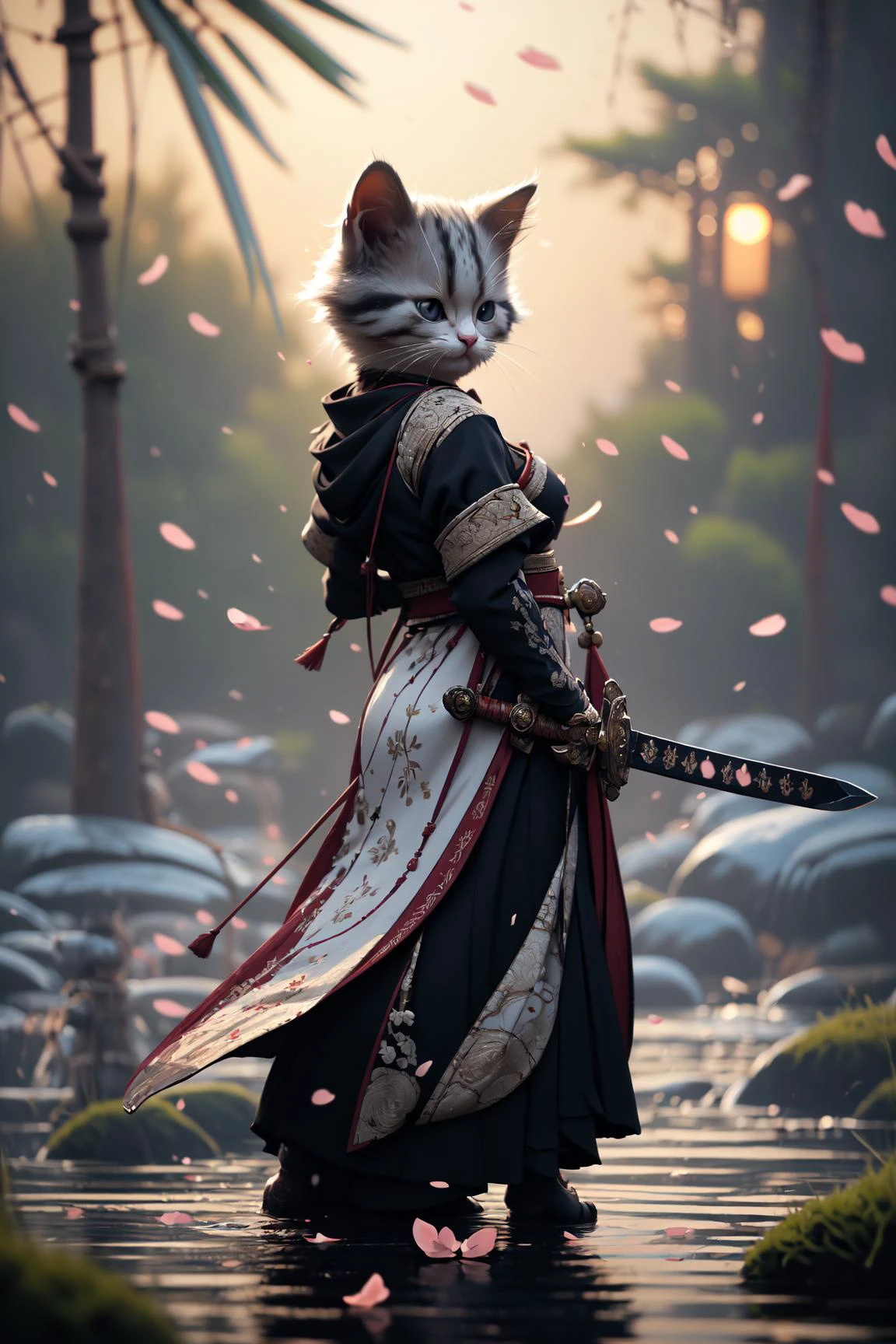 Best quality, masterpiece, ultra high res, raw photo, beautiful and aesthetic,deep shadow, dark theme,(photorealistic:1.4),
White kitten, Hanfu, holding sword, ((chiaroscuro, backlight, sunset, petals floating)),
Graceful poise, evocative atmosphere, magnetic presence, refined seduction, captivating mystique,
Intricate zentangle patterns, a single female figure, astonishing level of detail, generously endowed, striking perspective, a chaotic masterpiece, gracefully poised, vibrant color palette, ((outdoors)), inspired by futurist architecture