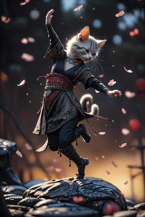 Best quality, masterpiece, ultra high res, raw photo, beautiful and aesthetic,deep shadow, dark theme,(photorealistic:1.4), 
White kitten, Hanfu, eating fish, ((chiaroscuro, backlight, sunset, petals floating)), 
Graceful poise, evocative atmosphere, magnetic presence, refined seduction, captivating mystique,
Intricate zentangle patterns, a single female figure, astonishing level of detail, generously endowed, striking perspective, a chaotic masterpiece, gracefully poised, vibrant color palette, ((outdoors)), inspired by futurist architecture