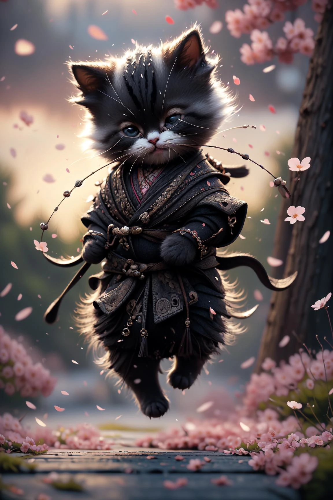 Best quality, masterpiece, ultra high res, raw photo, beautiful and aesthetic,deep shadow, dark theme,(photorealistic:1.4),
White kitten, Hanfu, happy face, open moth, closed eyes, ((chiaroscuro, backlight, sunset, petals floating)),
Graceful poise, evocative atmosphere, magnetic presence, captivating mystique,
Intricate zentangle patterns, astonishing level of detail, generously endowed, striking perspective, a chaotic masterpiece, gracefully poised, vibrant color palette, ((outdoors)), inspired by futurist architecture