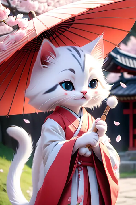 <lora:~Q?-\Yvs+ kitten:1.2>,kitten,(white kitten wearing miko clothes:1.1),japanese clothes,in jinja,cherry blossoms,holding_umbrella,