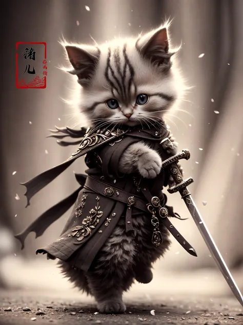 kittenAmazing detailed photography of a cute adorable Dragon Knight kitten holding Knight's sword, with 2 paws, high resolution, piercing eyes,lifelike fur, Anti-Aliasing, FXAA, De-Noise, Post-Production, SFX, insanely detailed & intricate, hypermaximalist, elegant, ornate, hyper realistic, super detailed, noir coloration, serene, 16k resolution, full body
<lora:~Q?-\Yvs+ kitten:0.8>