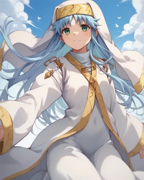 score_9, score_8_up, score_7_up,
 <lora:Index_Librorum_Prohibitorum_PONY:1>,index librorum prohibitorum, index \(toaru majutsu no index\), 1girl, solo, long hair, green eyes,blue hair, nun, long sleeves, alternate hair color, white robe,