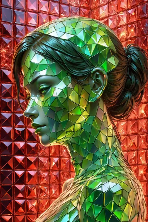 mural made of glowing crystal tiles, woman made completely of tiles, scifi, masterpiece, by ivan marchuk, 3d tiles, 3d shadows, neon red, neon green background <lora:EnvyCrystalXL01:0.6>, (masterpiece:1.2), best quality, (hyperdetailed, highest detailed:1.2), high resolution textures, <lora:EnvyBetterHiresFixXL01:1>