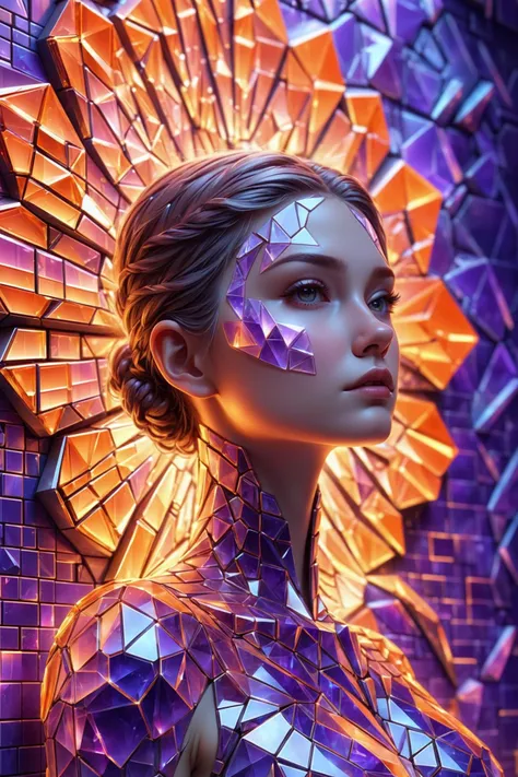 mural made of glowing crystal tiles, woman made completely of tiles, scifi, masterpiece, by ivan marchuk, 3d tiles, 3d shadows, neon orange, neon purple background <lora:EnvyCrystalXL01:0.6>, (masterpiece:1.2), best quality, (hyperdetailed, highest detailed:1.2), high resolution textures, <lora:EnvyBetterHiresFixXL01:1>