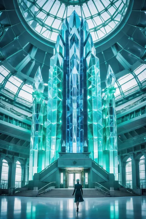 glimmering  blue-green and pastel indigo crystal classicism, photograph, promotional still, cinematic color grading, scifi, fantasy, government building in a decopunk scifi megastructure at the end of time, masterpiece<lora:EnvyBetterHiresFixXL01:0:hr=1><lora:EnvyCrystalXL01:0.8>